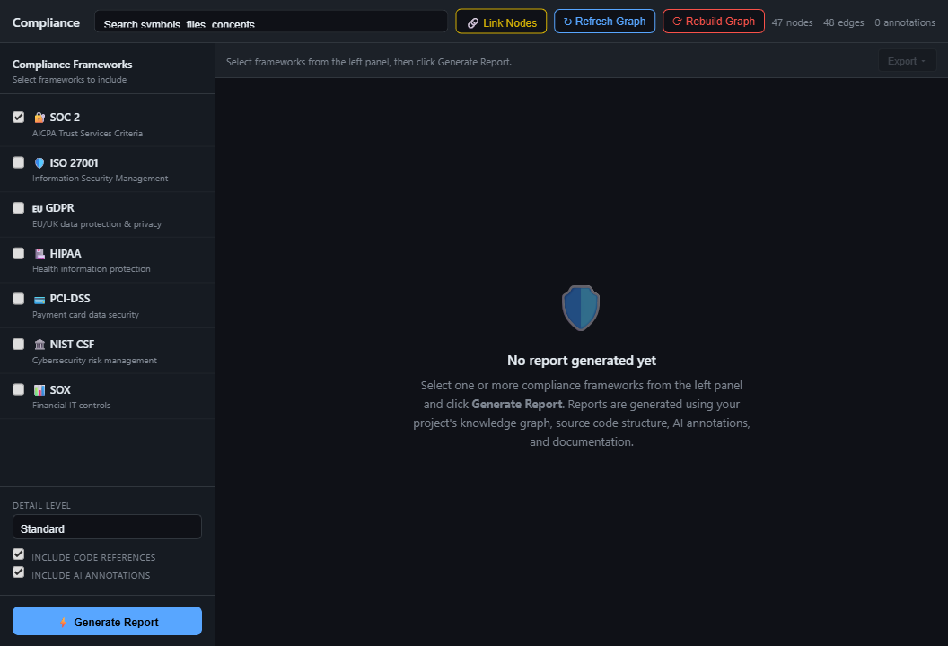 Forage compliance report generator with SOC 2, ISO 27001, GDPR, and HIPAA frameworks