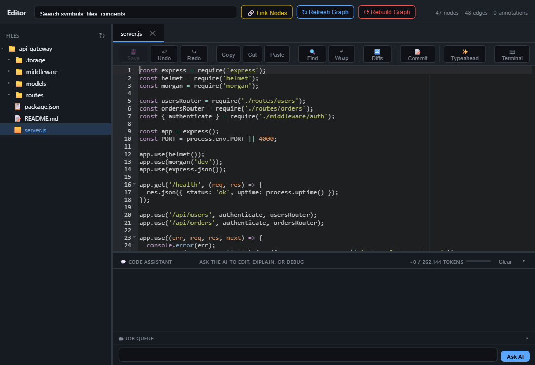 Forage in-browser editor with AI coding assistant panel